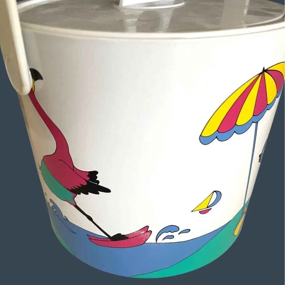 Retro Pink Flamingo Ice Bucket Barware Drink 10 Pc Set Tumbler Glasses Vintage